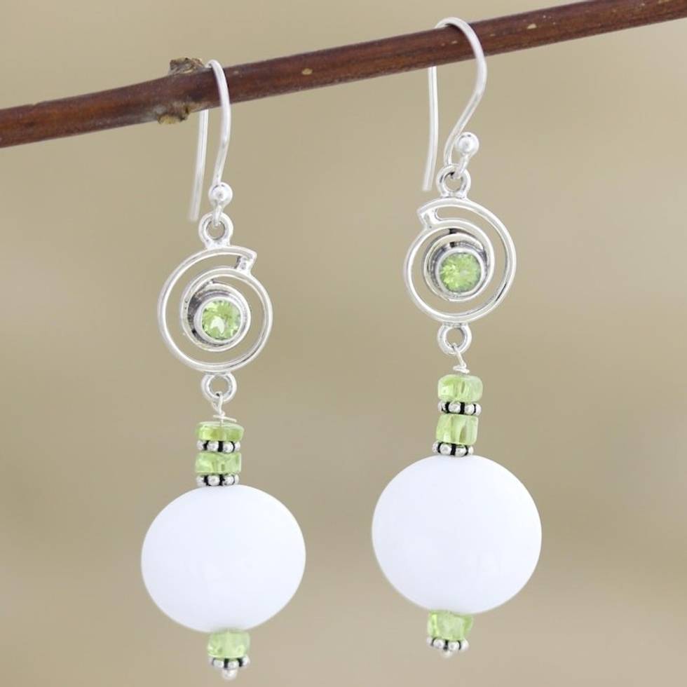Handcrafted Agate and Peridot Dangle Earrings from India 'Spring Chill'