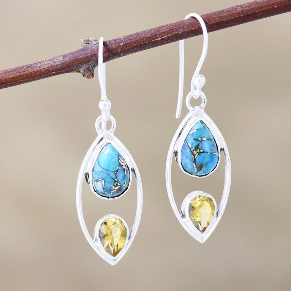 Citrine and Composite Turquoise Dangle Earrings 'Happy Union'
