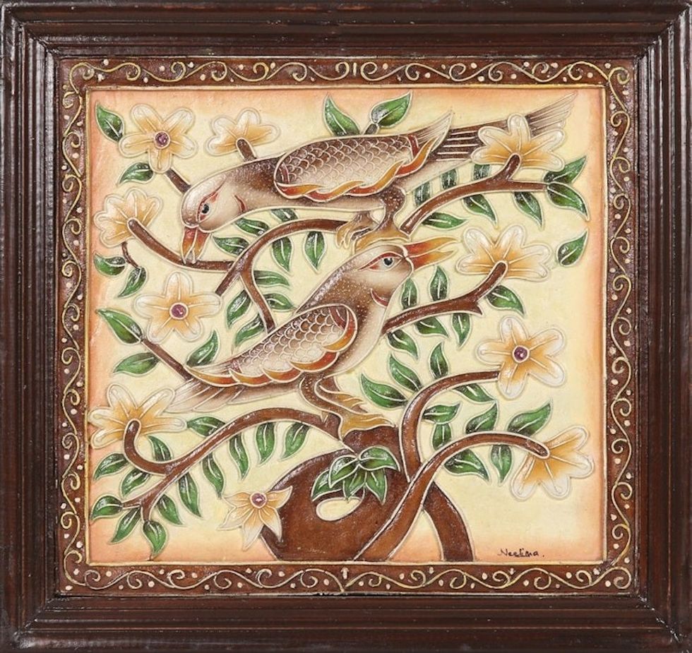 Framed Hand Painted Bird Art from India 'Bird Song'