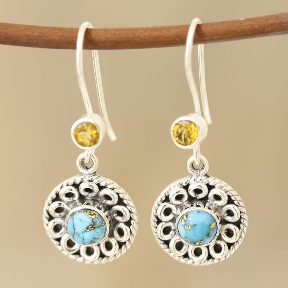 Circular Citrine and Composite Turquoise Dangle Earrings 'Striking Beauty'