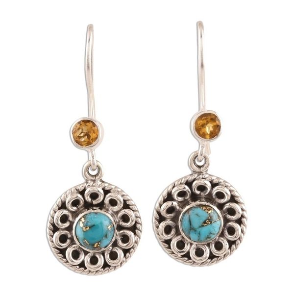 Alternate image for Circular Citrine and Composite Turquoise Dangle Earrings Striking Beauty