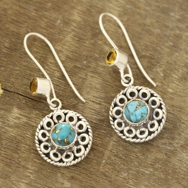 Alternate image for Circular Citrine and Composite Turquoise Dangle Earrings Striking Beauty