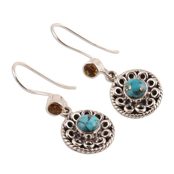 Alternate image for Circular Citrine and Composite Turquoise Dangle Earrings Striking Beauty