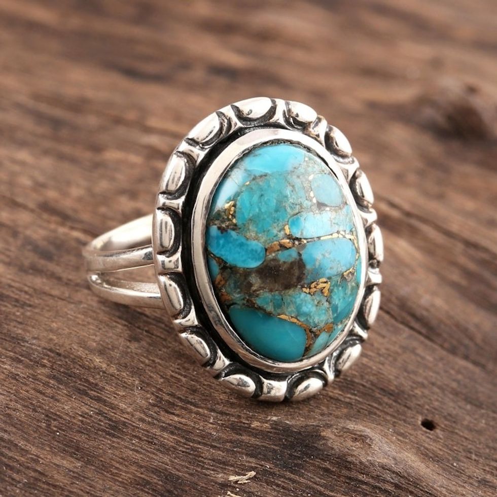 Oval Composite Turquoise Cocktail Ring from India 'Delightful Sky'