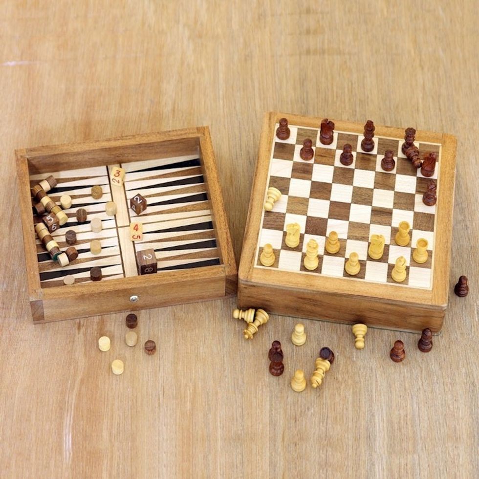 Mini Acacia Wood Chess and Backgammon Game Set 'Double Trouble'