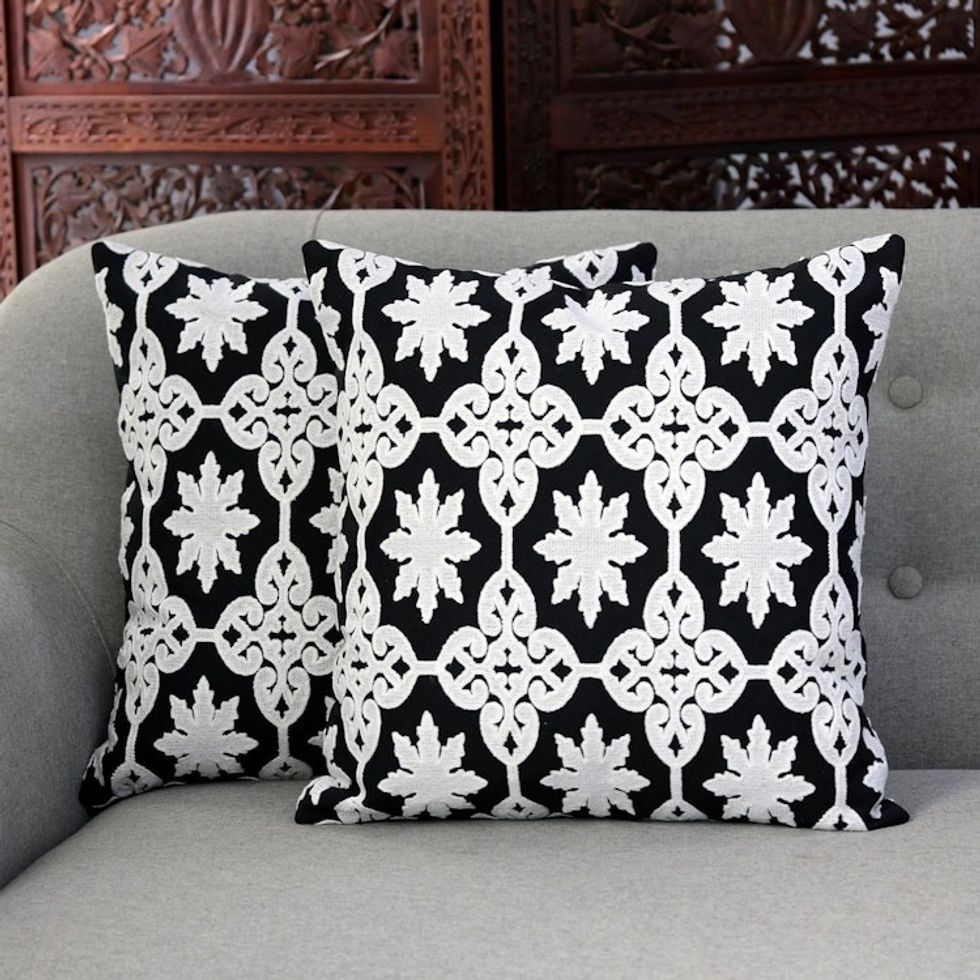 Two Embroidered Cotton Cushion Covers in Black and White 'Midnight Royalty'