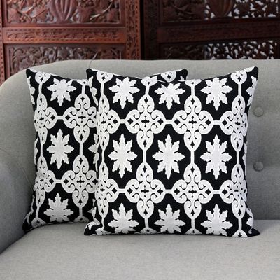 Main image for Two Embroidered Cotton Cushion Covers in Black and White Midnight Royalty
