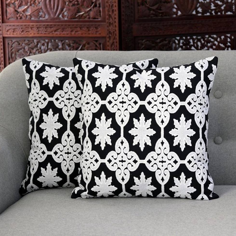 Two Embroidered Cotton Cushion Covers in Black and White 'Midnight Royalty'