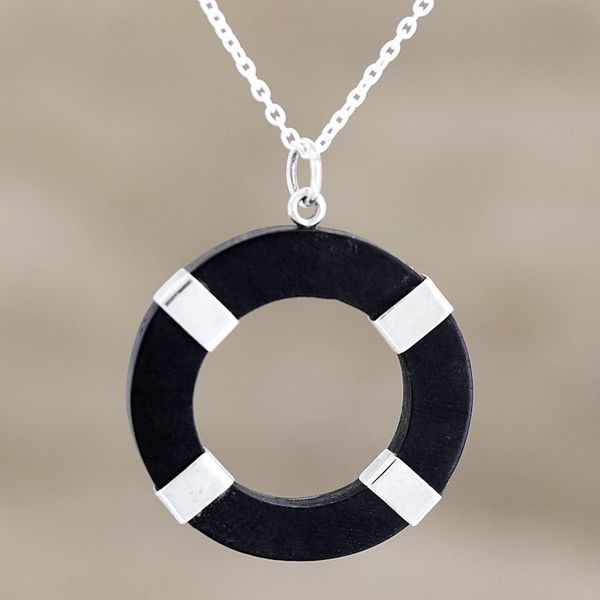 Alternate image for Hand Crafted Sterling Silver and Ebony Wood Pendant Necklace Bright Ring