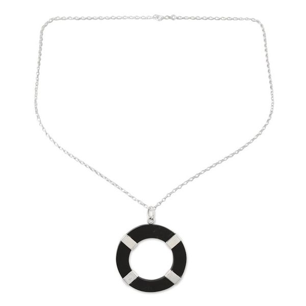 Alternate image for Hand Crafted Sterling Silver and Ebony Wood Pendant Necklace Bright Ring