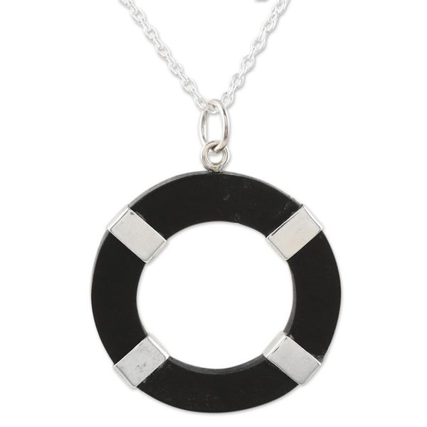 Alternate image for Hand Crafted Sterling Silver and Ebony Wood Pendant Necklace Bright Ring
