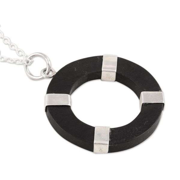 Alternate image for Hand Crafted Sterling Silver and Ebony Wood Pendant Necklace Bright Ring