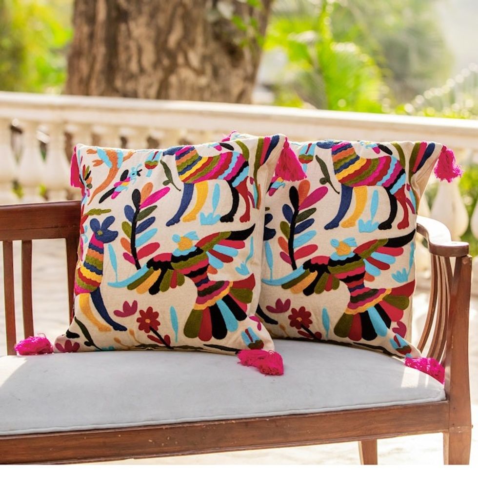 Animal-Themed Cotton Cushion Covers from India Pair 'Enchanted Forest'