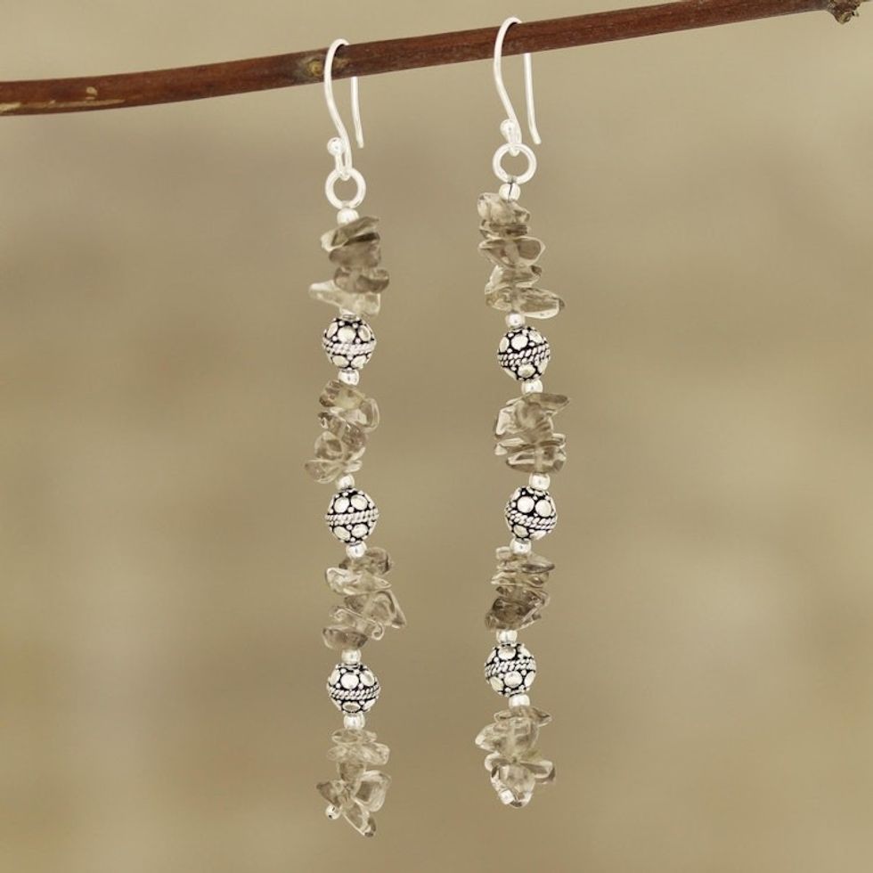 Smoky Quartz Beaded Dangle Earrings Crafted in India 'Gemstone Mist'