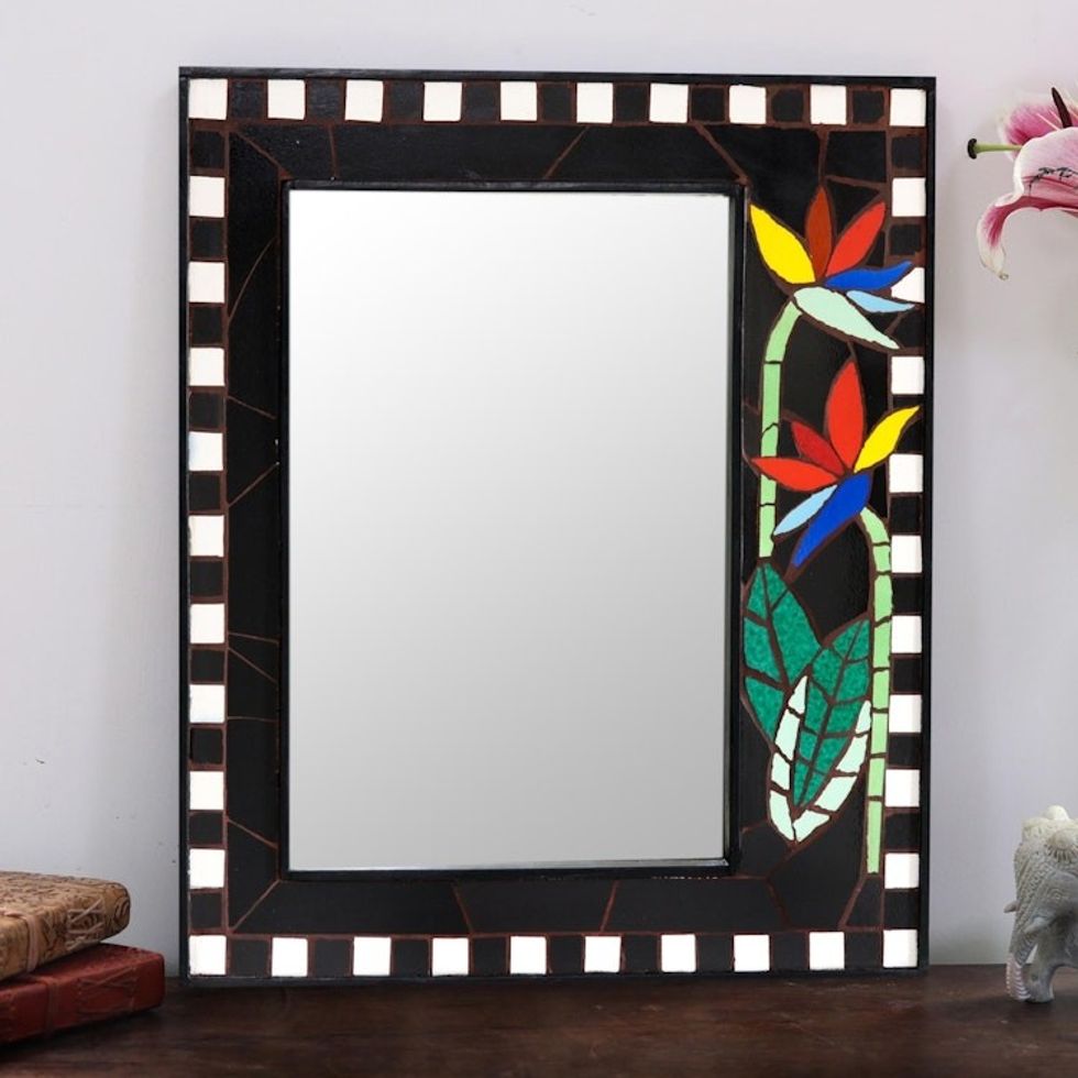 Ceramic Tile Floral Mosaic Wall Mirror from India 'Colorful Blossom'