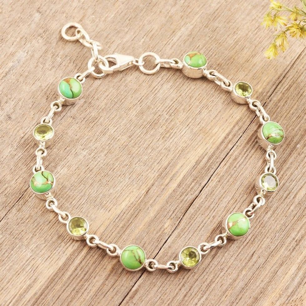 Handmade Peridot and Composite Turquoise Link Bracelet 'Ravishing Beauty in Green'