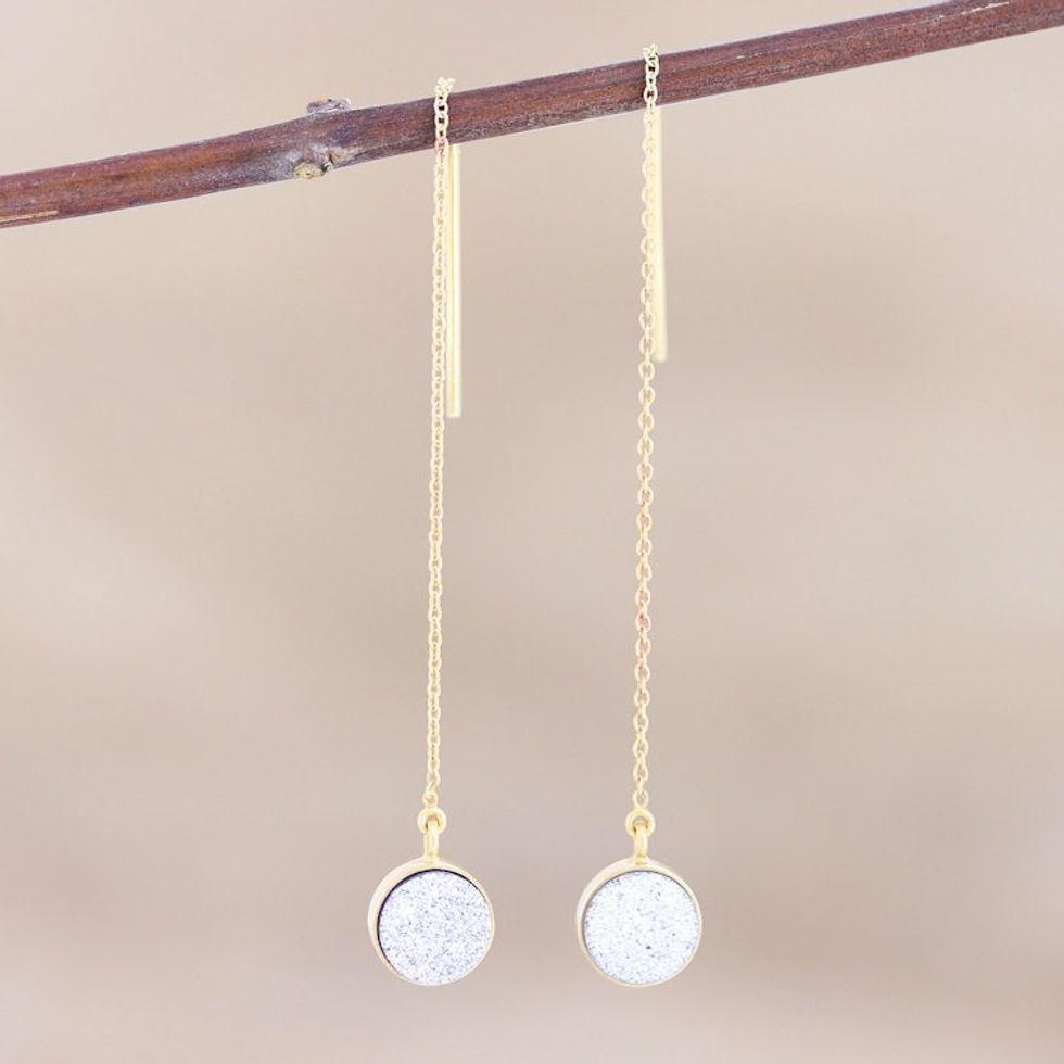 Hand Made Gold Plated Druzy Quartz Dangle Earrings 'Hanging Star in White'