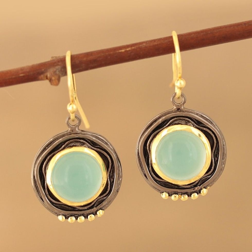 Gold Accented Chalcedony Dangle Earrings from India 'Appealing Modernity'
