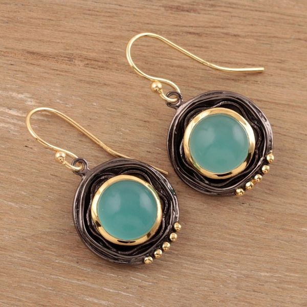 Alternate image for Gold Accented Chalcedony Dangle Earrings from India Appealing Modernity