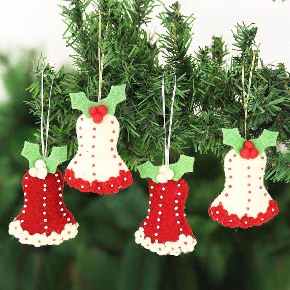Wool Felt Bell Ornaments Set of 4 'Holly Bells'