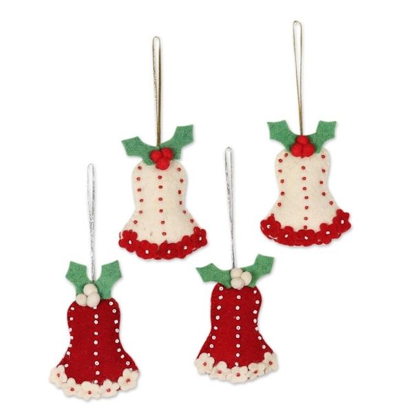 Alternate image for Wool Felt Bell Ornaments Set of 4 Holly Bells