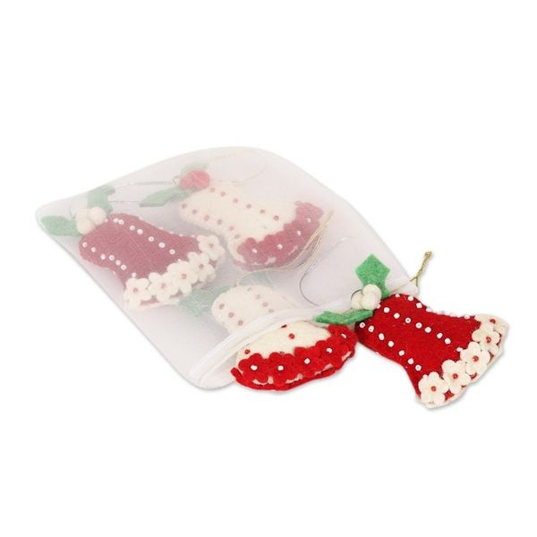 Alternate image for Wool Felt Bell Ornaments Set of 4 Holly Bells
