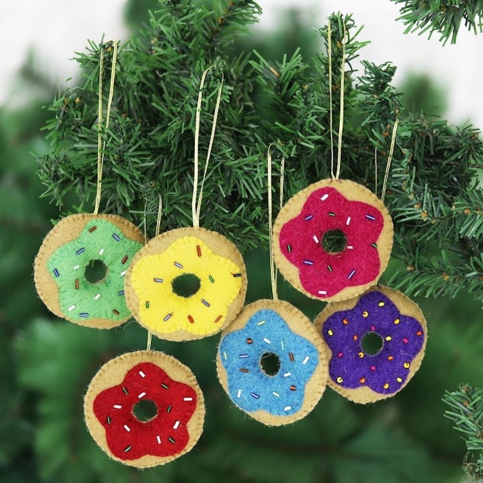 Handmade Wool Felt Doughnut Ornaments Set of 6 'Sweet Sprinkles'
