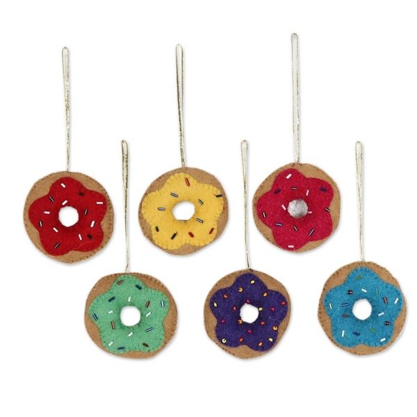 Alternate image for Handmade Wool Felt Doughnut Ornaments Set of 6 Sweet Sprinkles