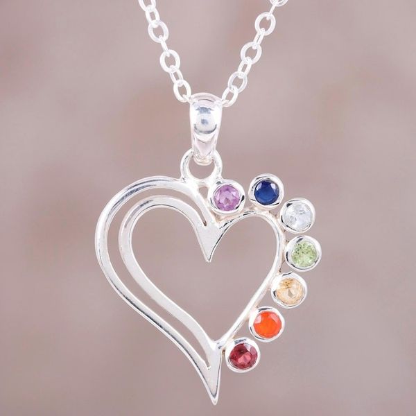 Alternate image for Heart-Shaped Multi-Gemstone Chakra Necklace from India Balanced Heart