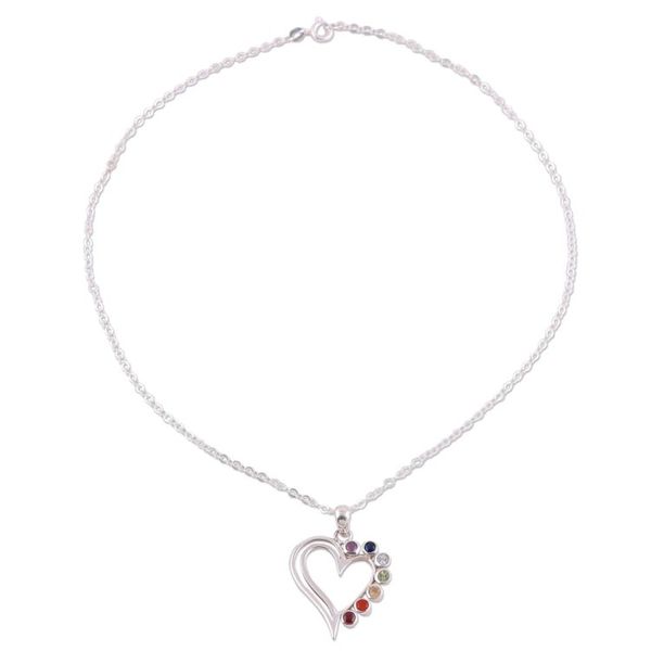 Alternate image for Heart-Shaped Multi-Gemstone Chakra Necklace from India Balanced Heart