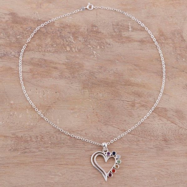 Alternate image for Heart-Shaped Multi-Gemstone Chakra Necklace from India Balanced Heart