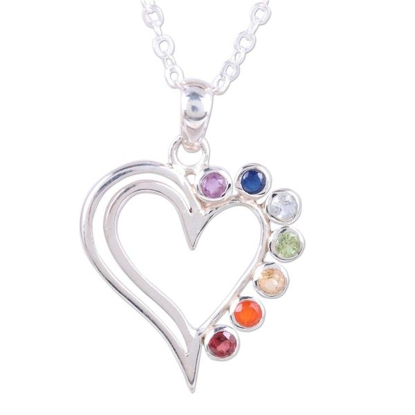 Alternate image for Heart-Shaped Multi-Gemstone Chakra Necklace from India Balanced Heart