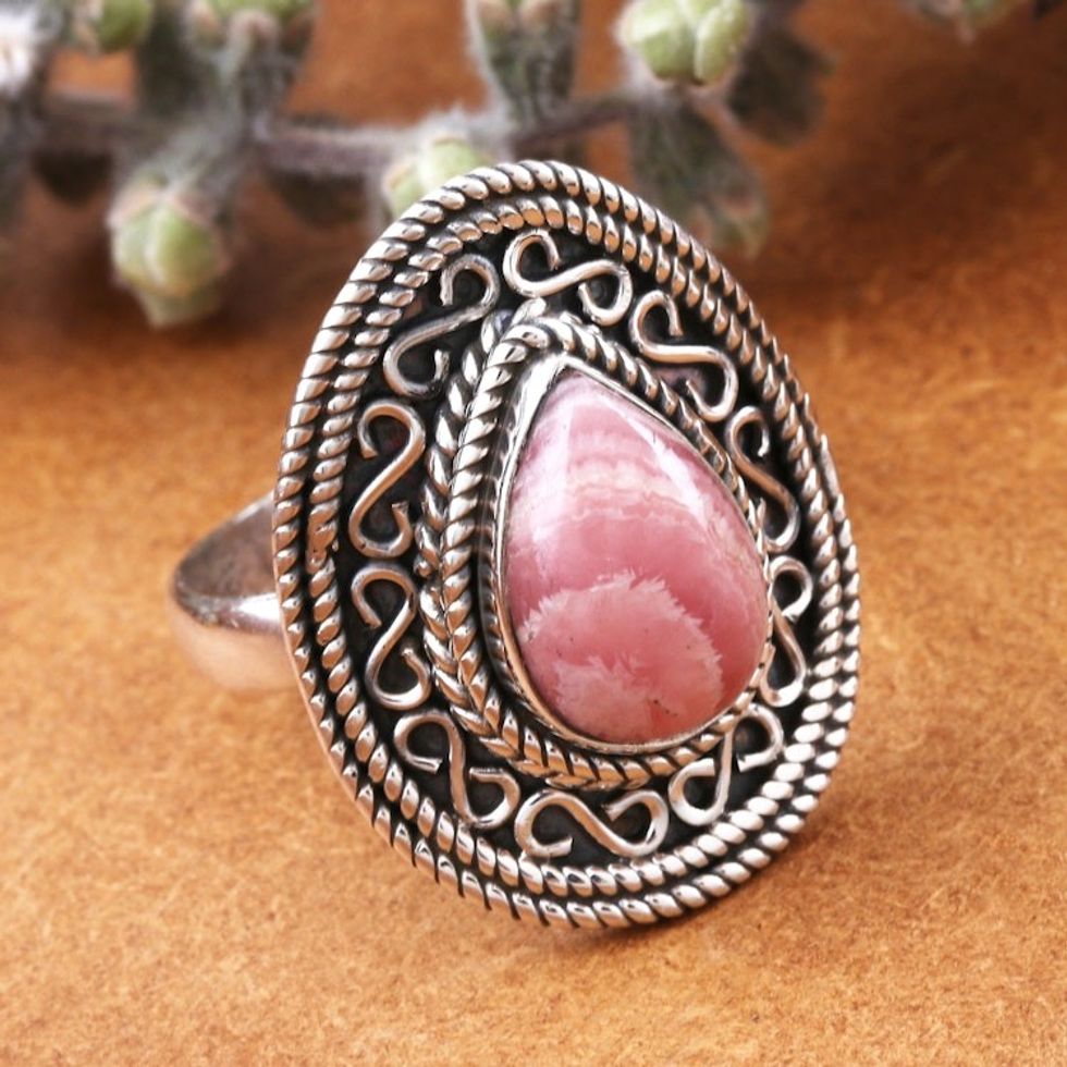 Pear-Shaped Rhodochrosite Silver Cocktail Ring 'Jaipur Dreams'