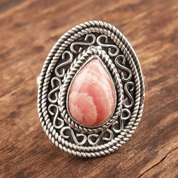 Alternate image for Pear-Shaped Rhodochrosite Silver Cocktail Ring Jaipur Dreams