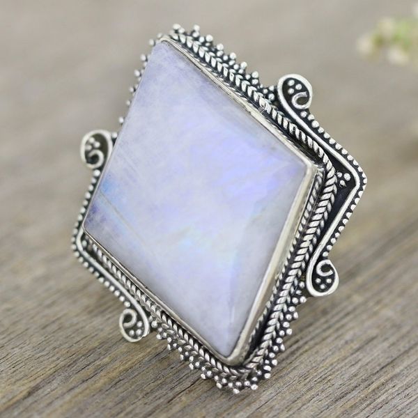 Alternate image for Diamond-Shaped Rainbow Moonstone Cocktail Ring from India Misty Diamond
