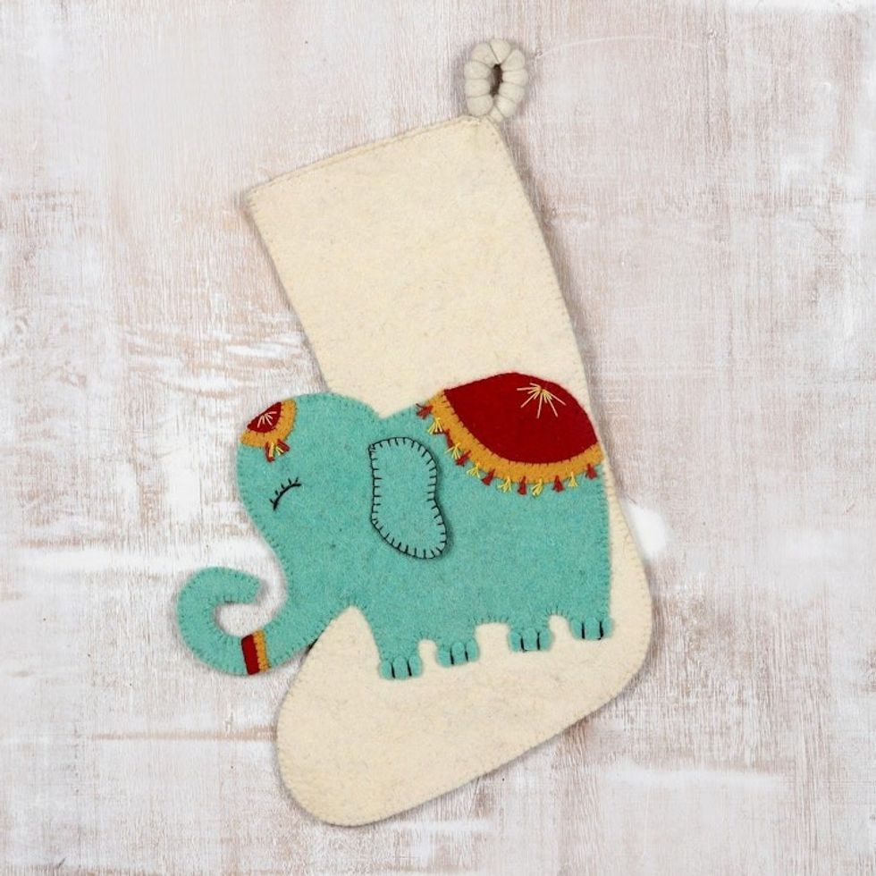 Handmade Wool Christmas Stocking 'Festive Elephant in Ivory'