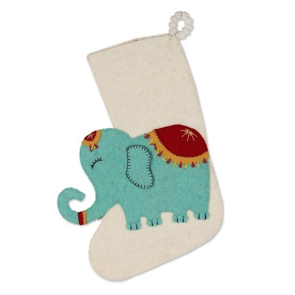 Alternate image for Handmade Wool Christmas Stocking Festive Elephant in Ivory