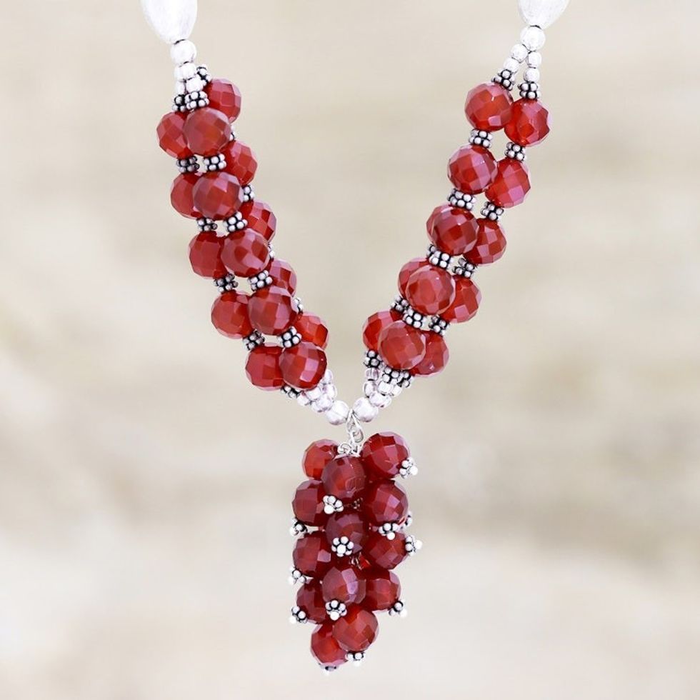 Red Onyx Beaded Pendant Necklace from India 'Dazzling Bouquet'