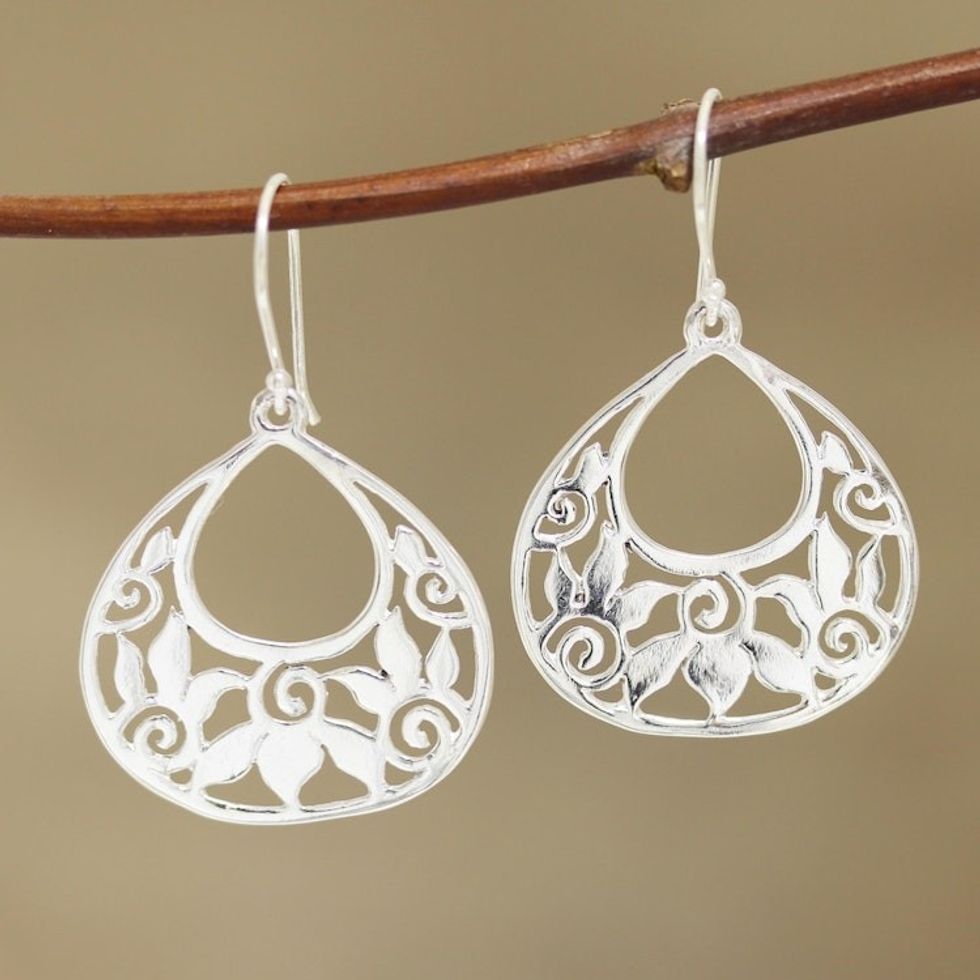 Openwork Pattern Sterling Silver Dangle Earrings from India 'Petal Greetings'