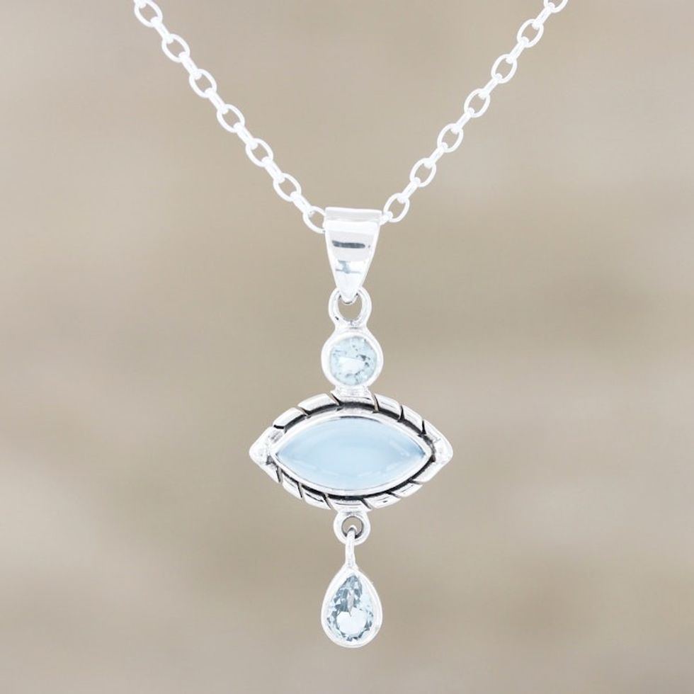 Chalcedony and Blue Topaz Sterling Silver Pendant Necklace 'Blue Fusion'