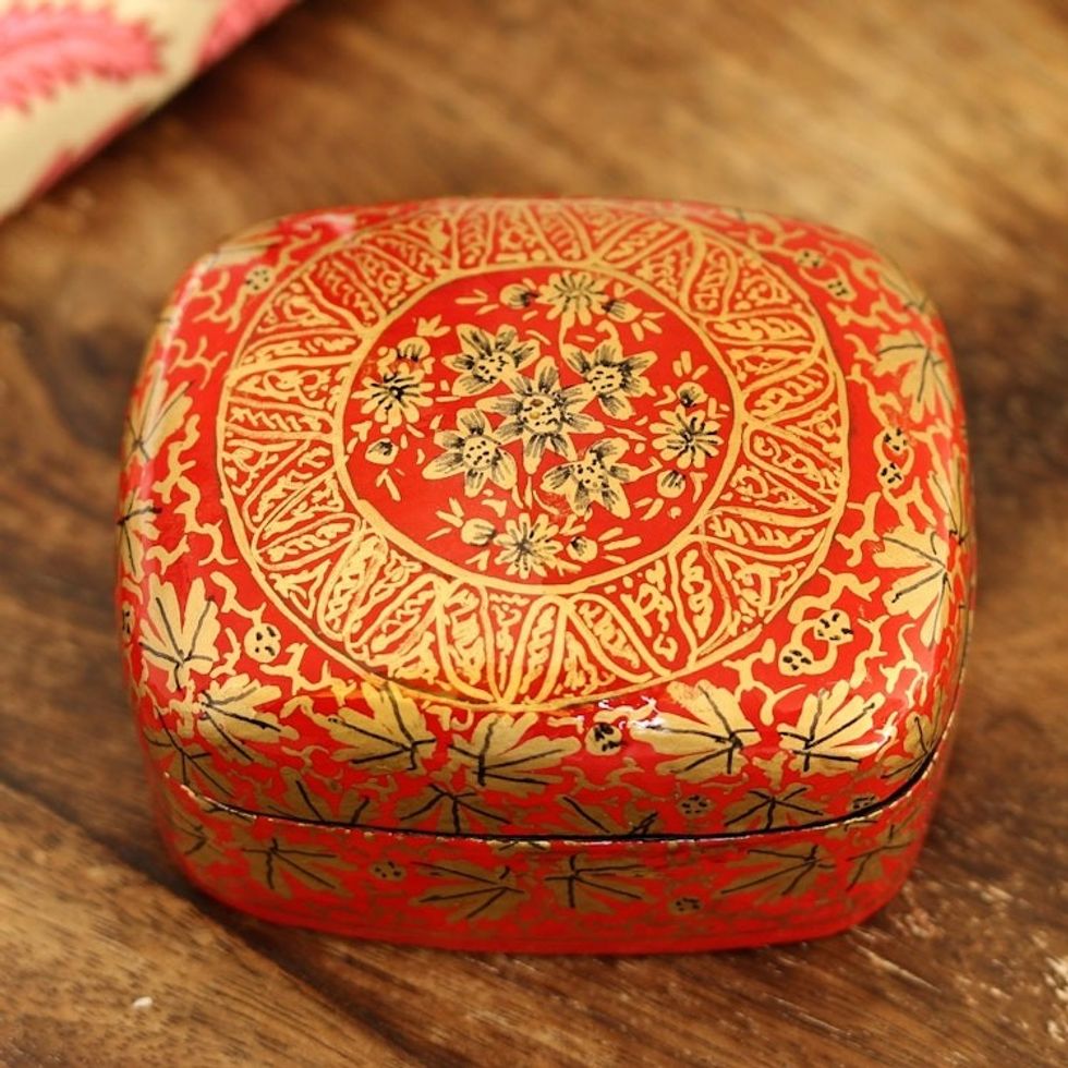 Handmade Red Papier Mache Golden Floral Decorative Box 'Red Golden Bouquet'