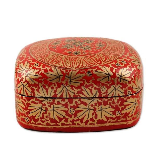 Alternate image for Handmade Red Papier Mache Golden Floral Decorative Box Red Golden Bouquet