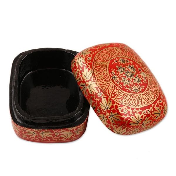 Alternate image for Handmade Red Papier Mache Golden Floral Decorative Box Red Golden Bouquet