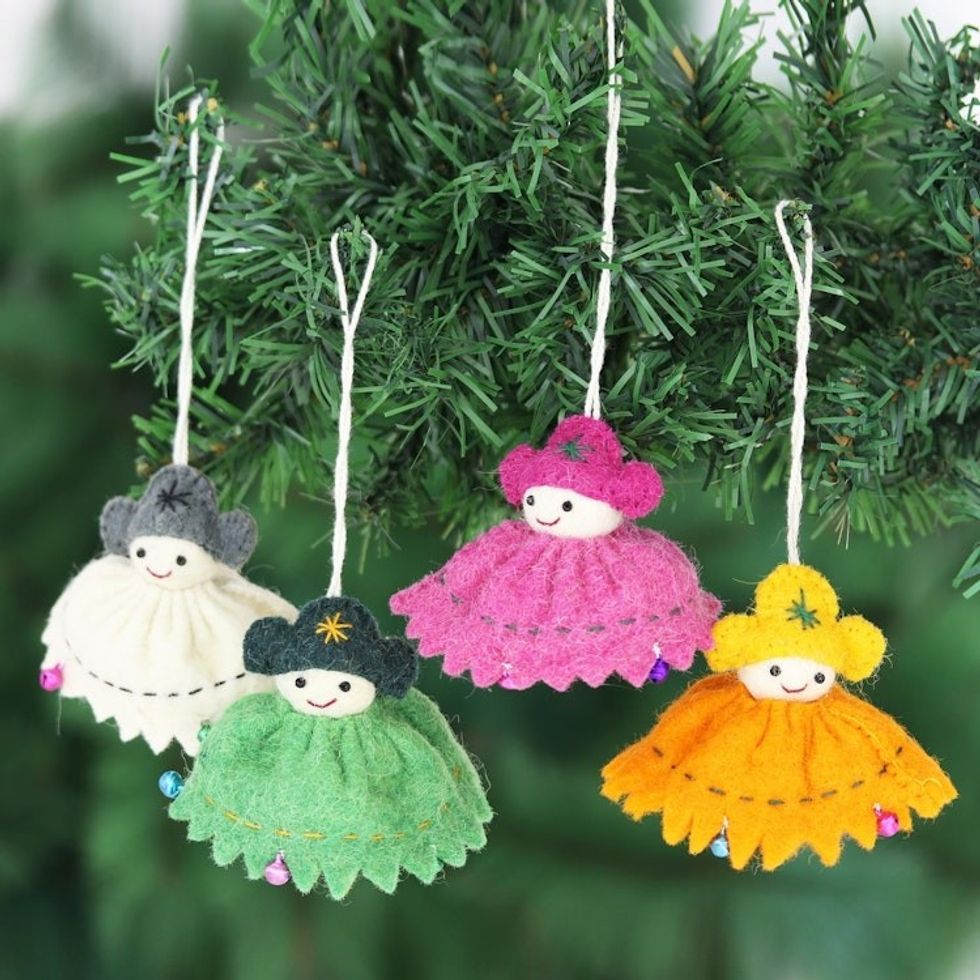 Wool Felt Doll Christmas Ornaments Set of 4 'Holiday Dolls'
