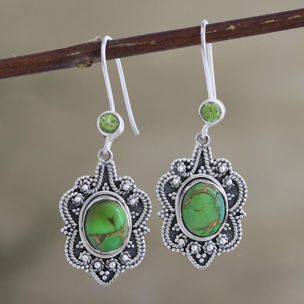 Peridot and Oval Composite Turquoise Dangle Earrings 'Fascinating Harmony'
