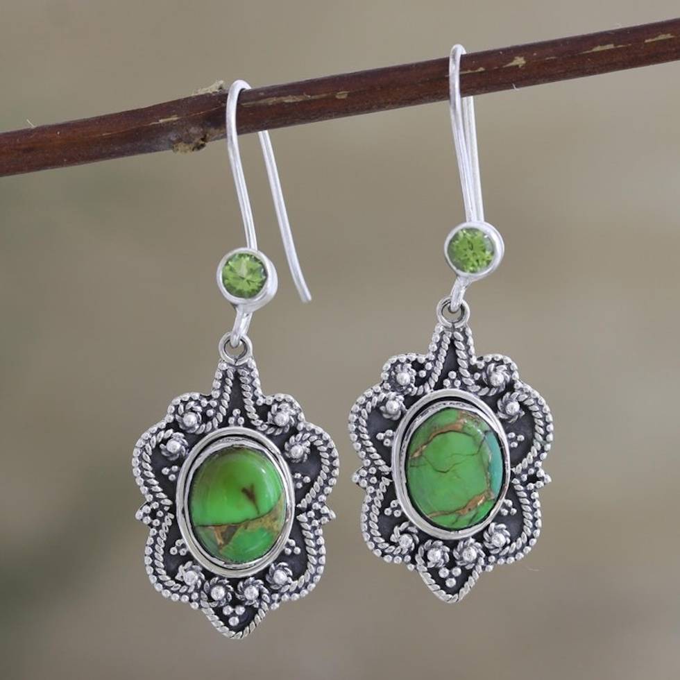 Peridot and Oval Composite Turquoise Dangle Earrings 'Fascinating Harmony'