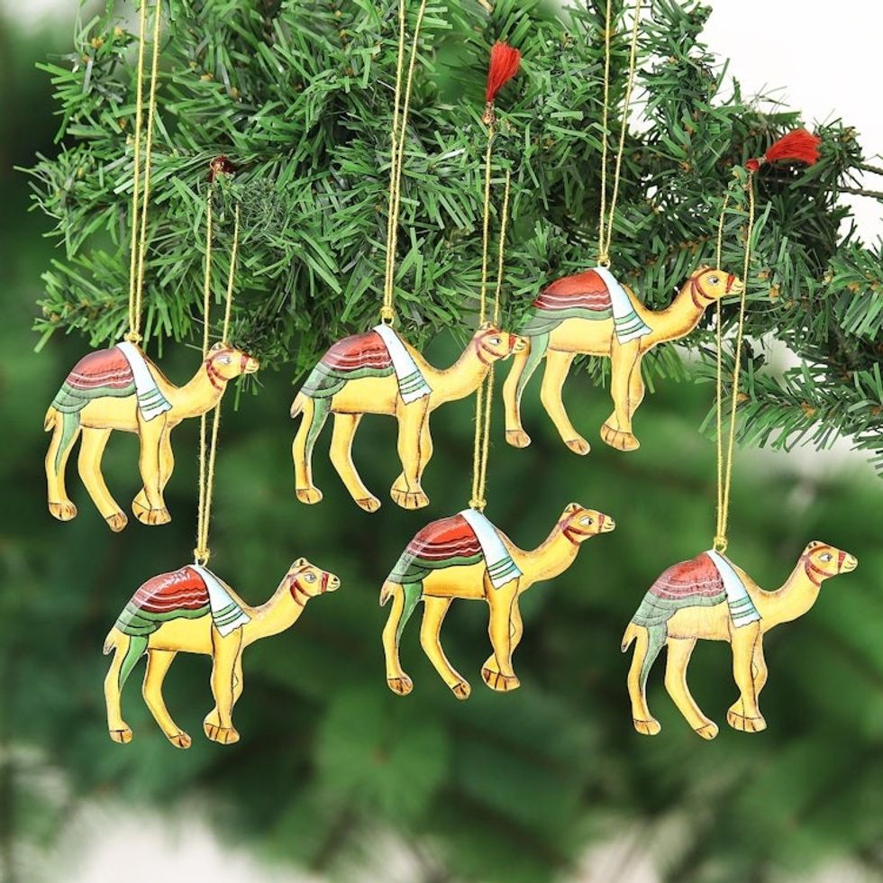 Artisan Crafted Wood Camel Ornaments Set of 6 'Christmas Camels'