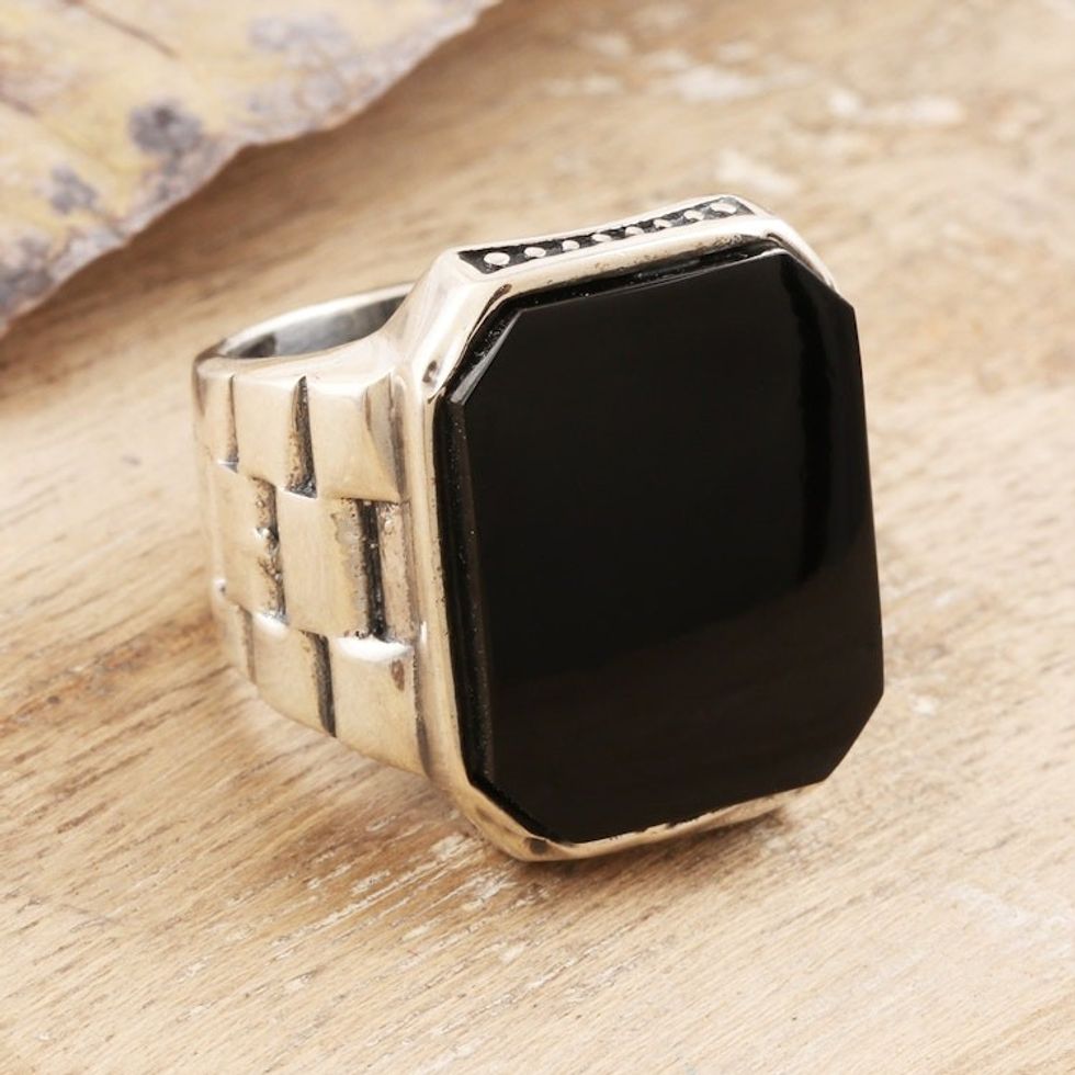 Men's Oxidized Sterling Silver and Black Onyx Ring 'Handsome Allure'