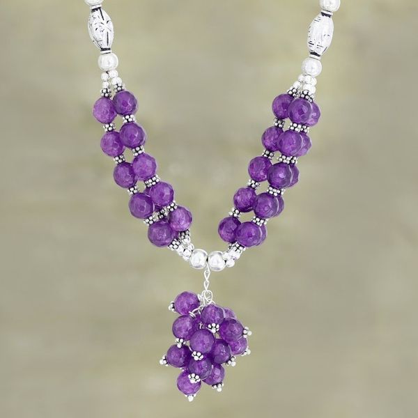 Alternate image for Hand Crafted Amethyst and Sterling Silver Pendant Necklace Bouquet in Purple