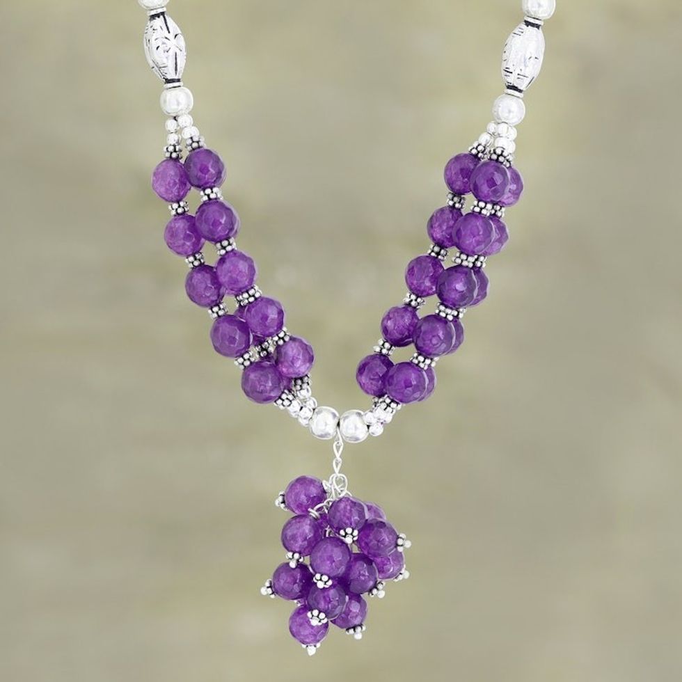Hand Crafted Amethyst and Sterling Silver Pendant Necklace 'Bouquet in Purple'